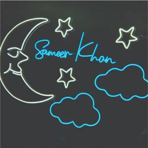 Custom baby name with clouds and moon neon