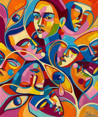 Cubist Painted Faces Abstract Art - wall art