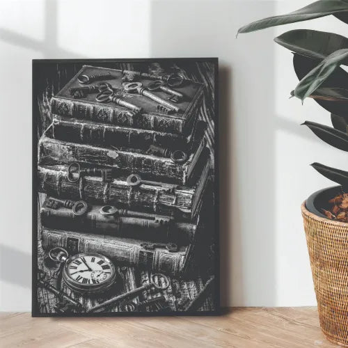 Old Books and keys Black & white - wall art