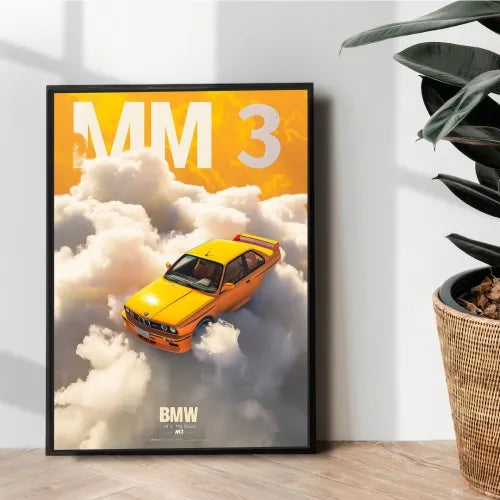 yellow BMW M3 in clouds poster - wall art