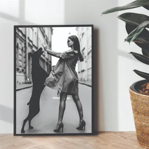 Dior Dog x Girl aesthetic B&W portrait - wall art