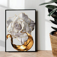 White Rose with Golden Paint splash Abstract Art - wall art