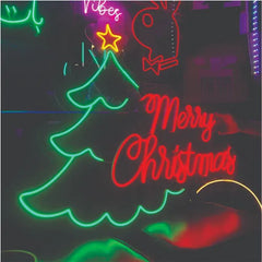 merry Christmas with tree and star neon