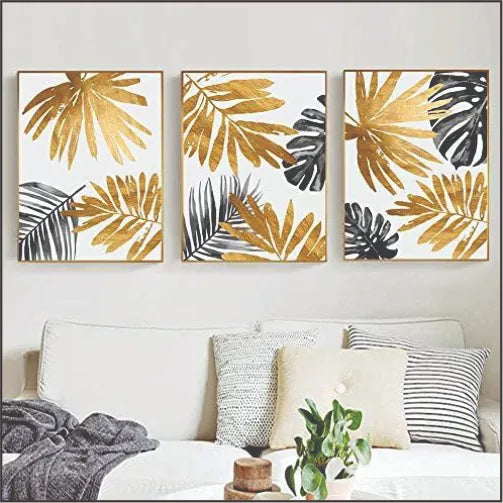 Bundle set of 3 Minimal Golden leaves Abstract Art - wall art