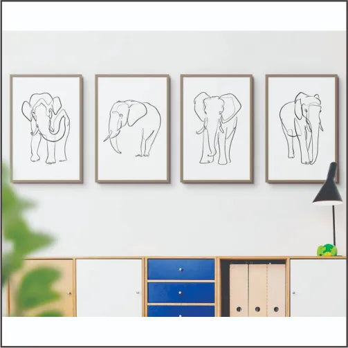 Bundle set of 4 cute elephant line art - wall art