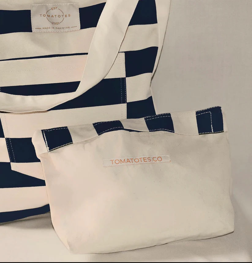 Blue Striped Canvas Tote Bag