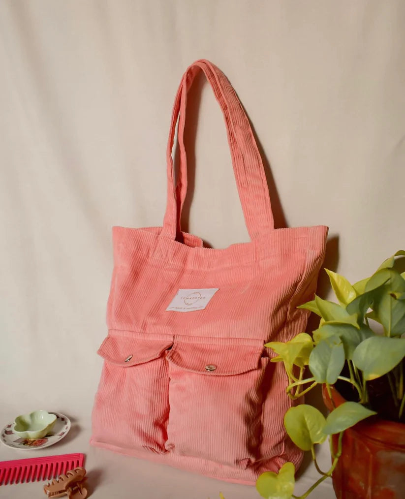 Double Front-Pocket Corduroy Tote Bag