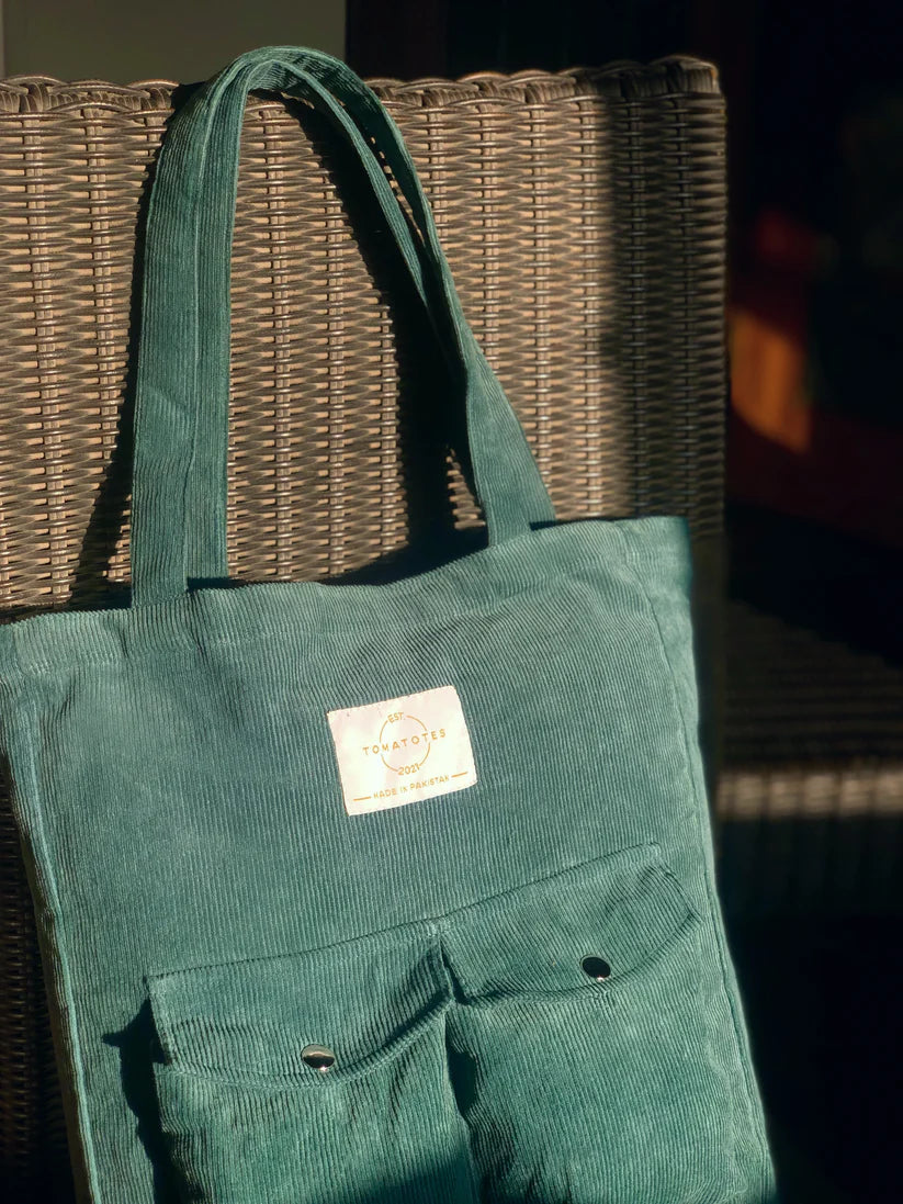 Double Front-Pocket Corduroy Tote Bag