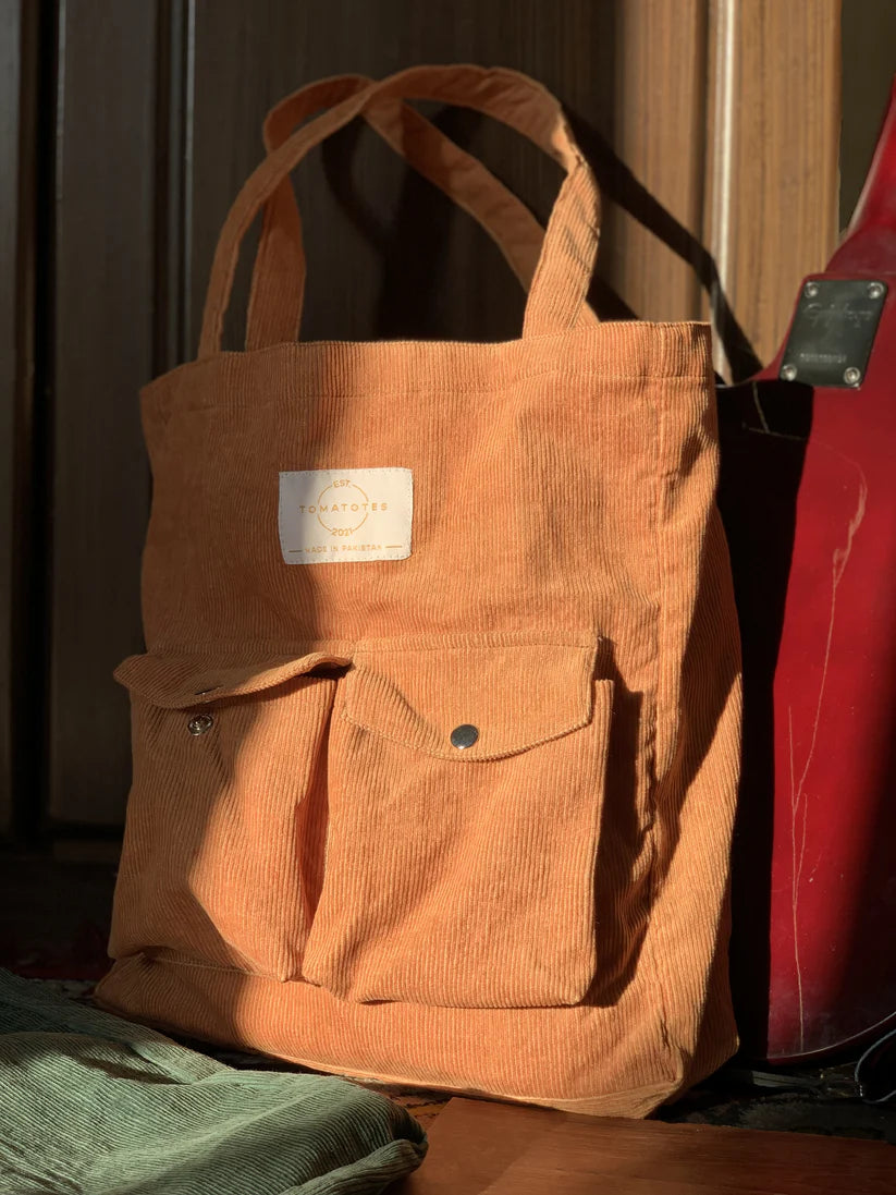 Double Front-Pocket Corduroy Tote Bag