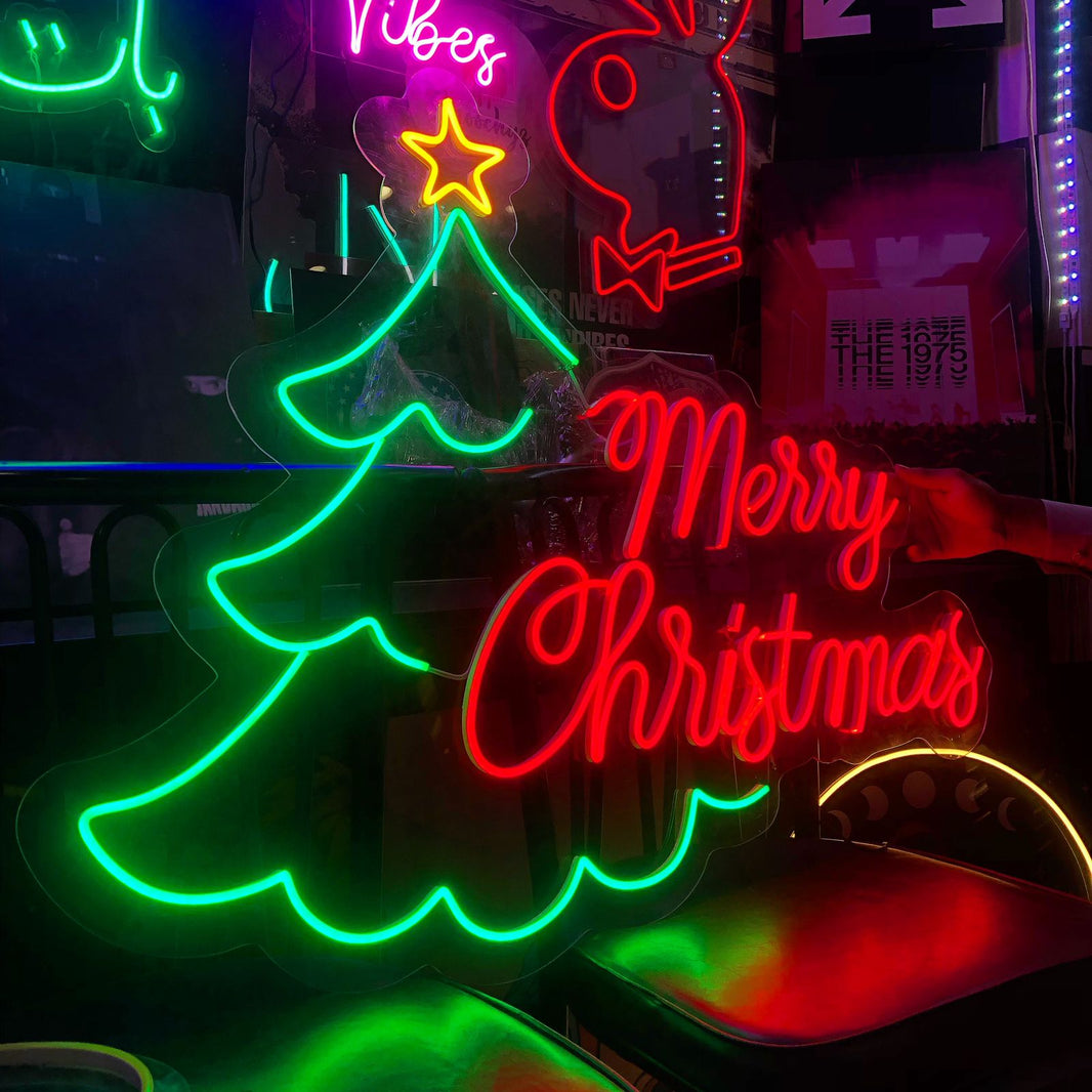 merry Christmas with tree and star neon