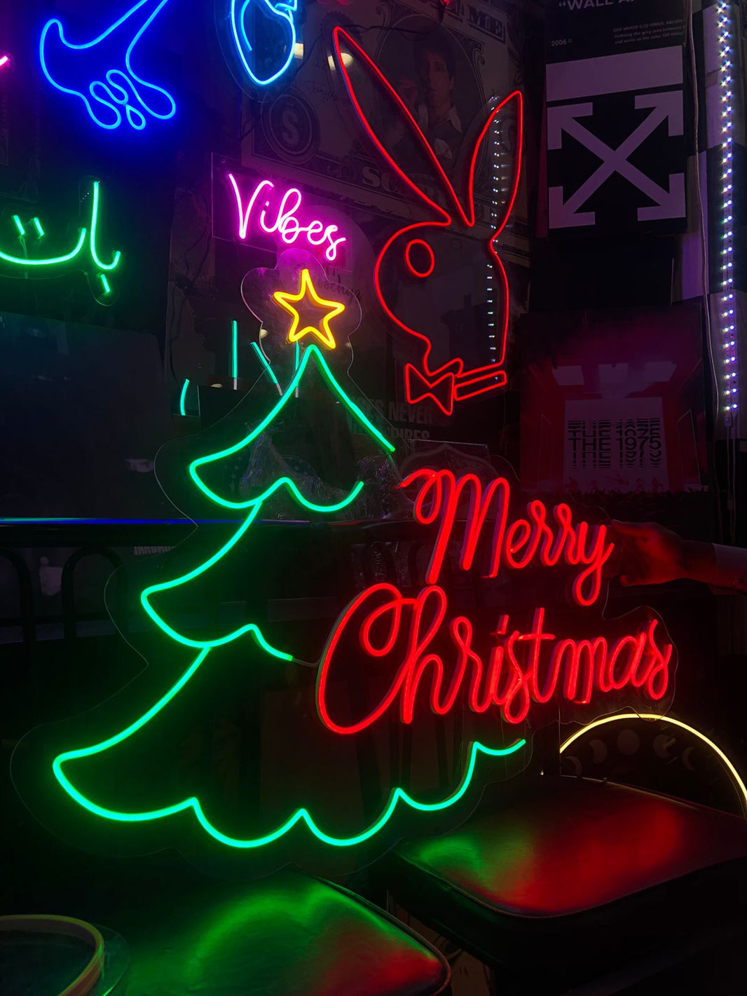 merry Christmas with tree and star neon