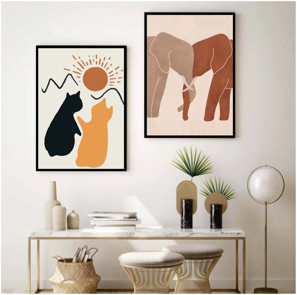 Bundle set of 2 Animal Love Minimal Boho Art - wall art