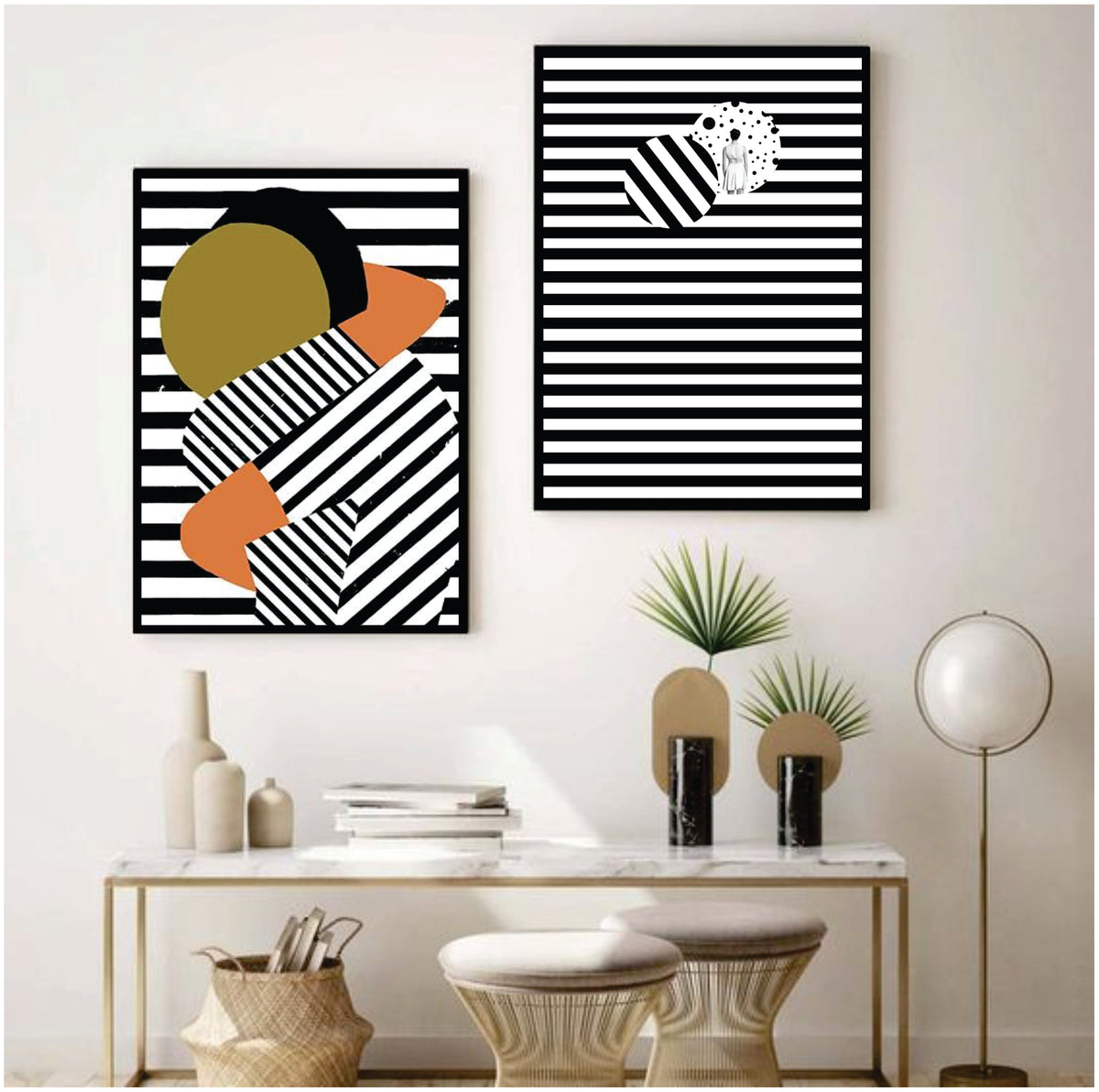 Bundle set of 2 couple Boho minimalist Abstract Art - wall art