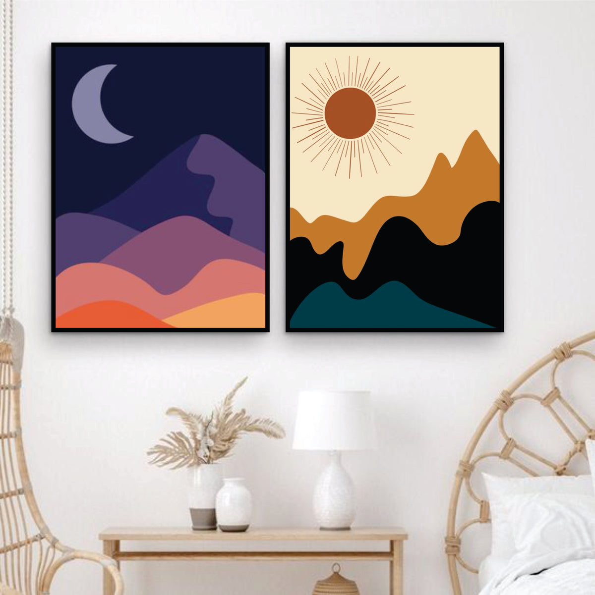 Bundle set of 2 Day & night in the hills Abstract Art - wall art
