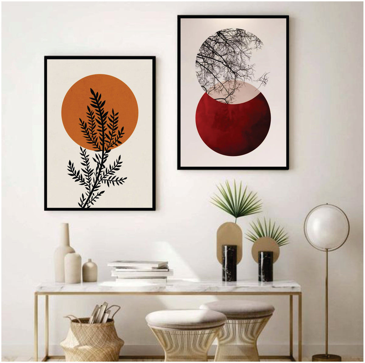 Bundle set of 2 Sun Behind Bushes Abstract Art - wall art