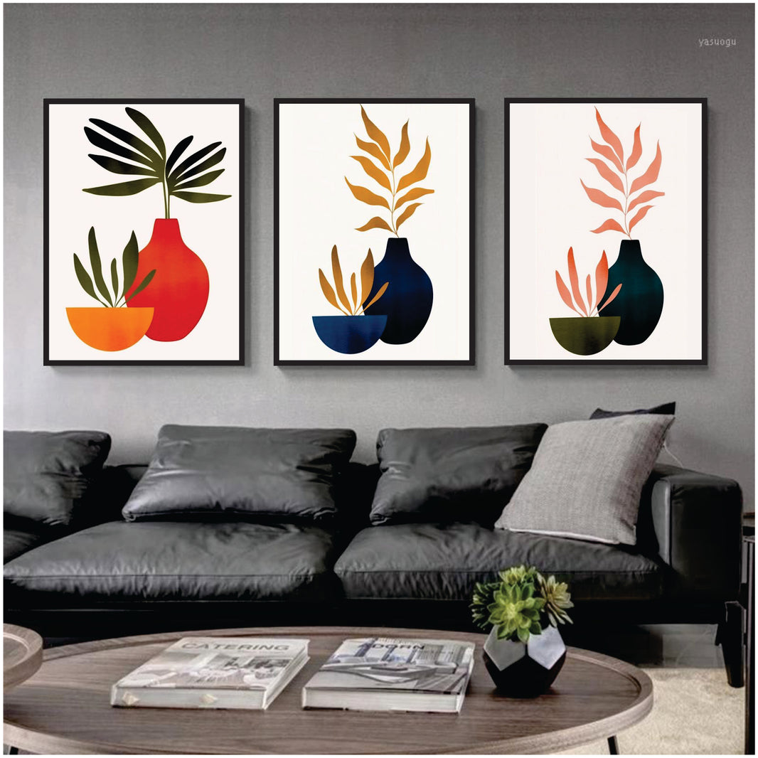 Bundle set of 3 colored plants minimal Abstract Art - wall art