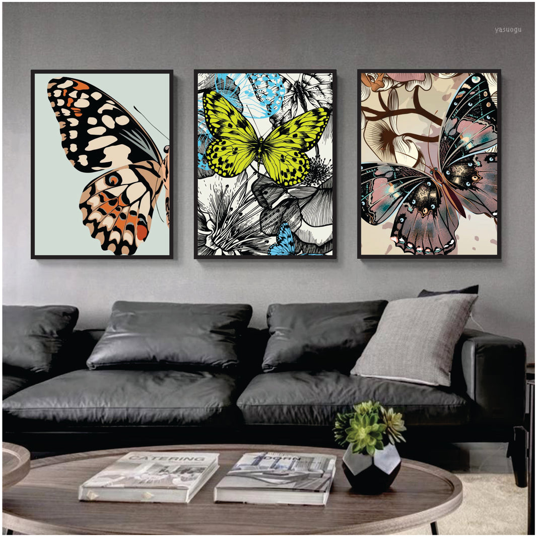 Bundle set of 3 Minimal Butterflies Abstract Art - wall art
