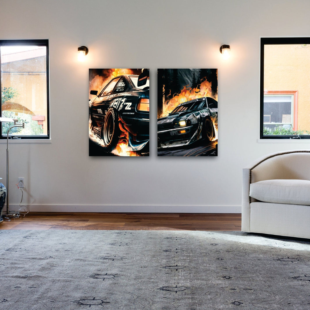 2 Cars on fire - 2 Canvases wall art