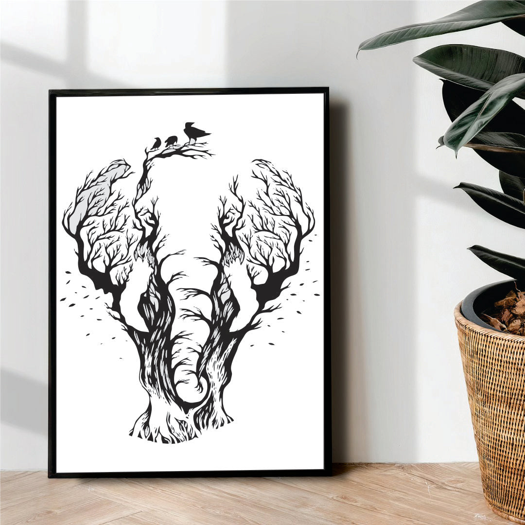 elephant & tree illusional line art - wall art