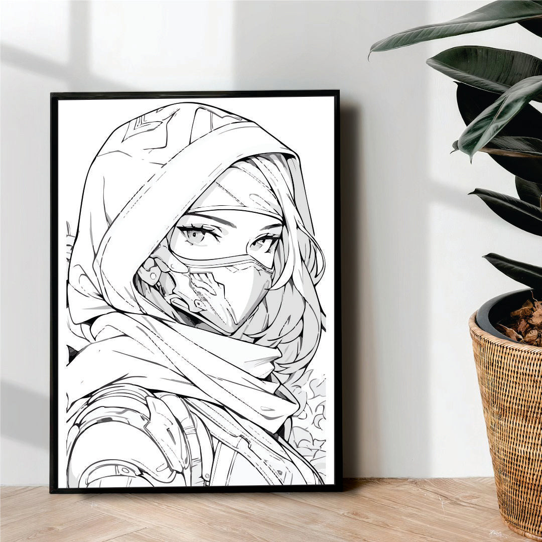 Ninja Anime girl line art - wall art