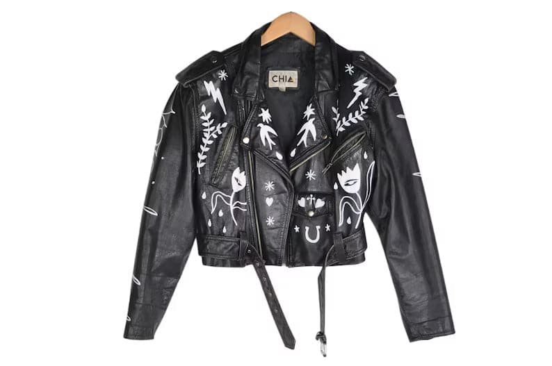 Hand Painted Leather Jacket Floral - 001