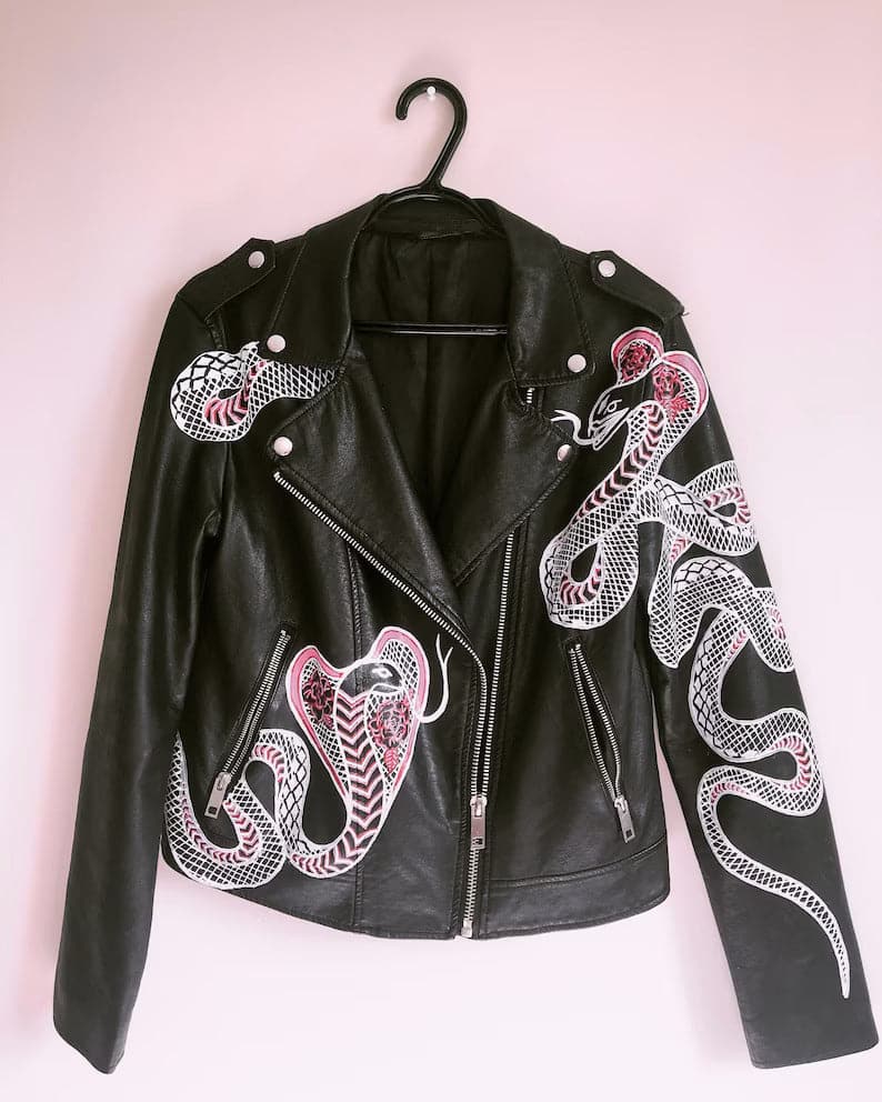 Hand Painted Leather Jacket snake sleeve - 002