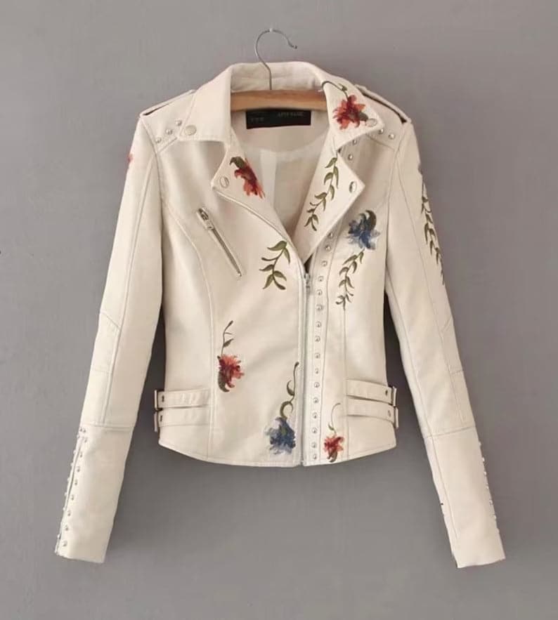 Hand Painted Leather Jacket white floral  - 006