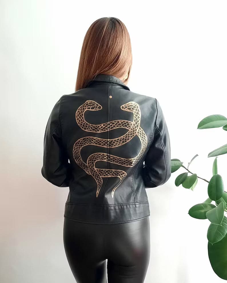 Hand Painted Leather Jacket serpent  - 007