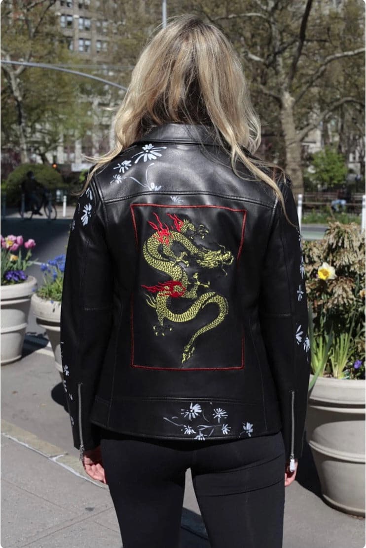 Hand Painted Leather Jacket dragon back  - 024