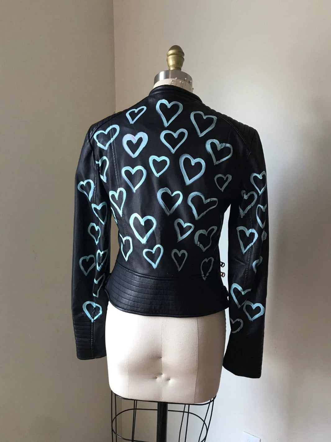 Hand Painted  Leather Jacket with hearts  - 027