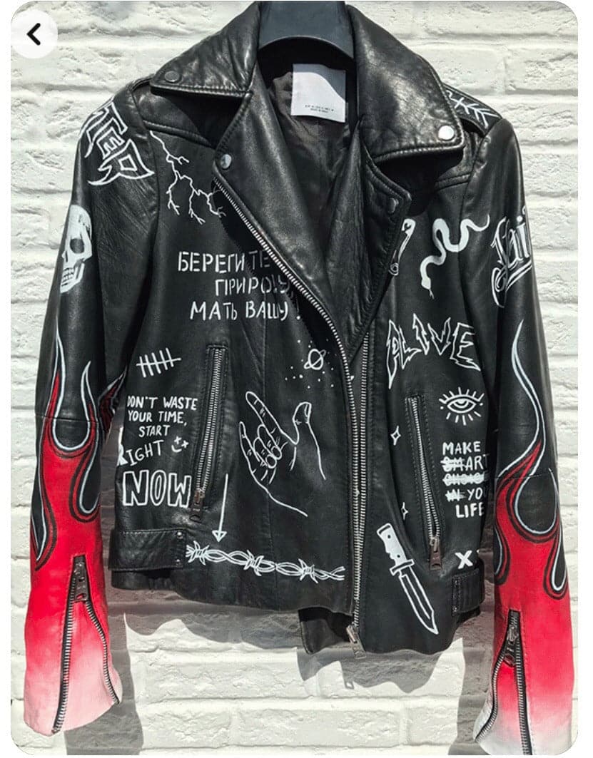 Hand Painted Leather Jacket fire sleeves  - 023